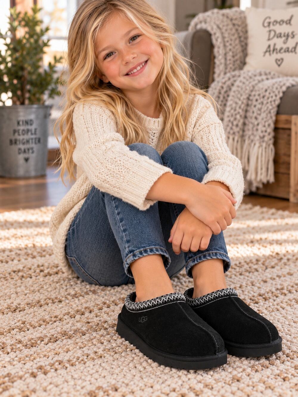 UGG Kids Black Suede Tasman Slippers Moccasins Size 12
